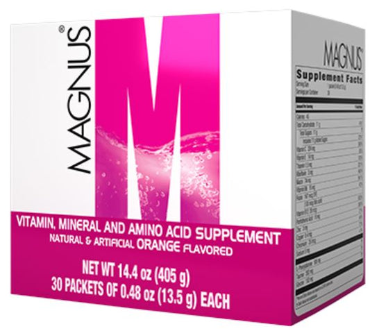 Omnilife Magnus Vitamin, Mineral and Amino Acid Supplement Orange Flavor (Box with 30 sachets 13.5 gr ea.)